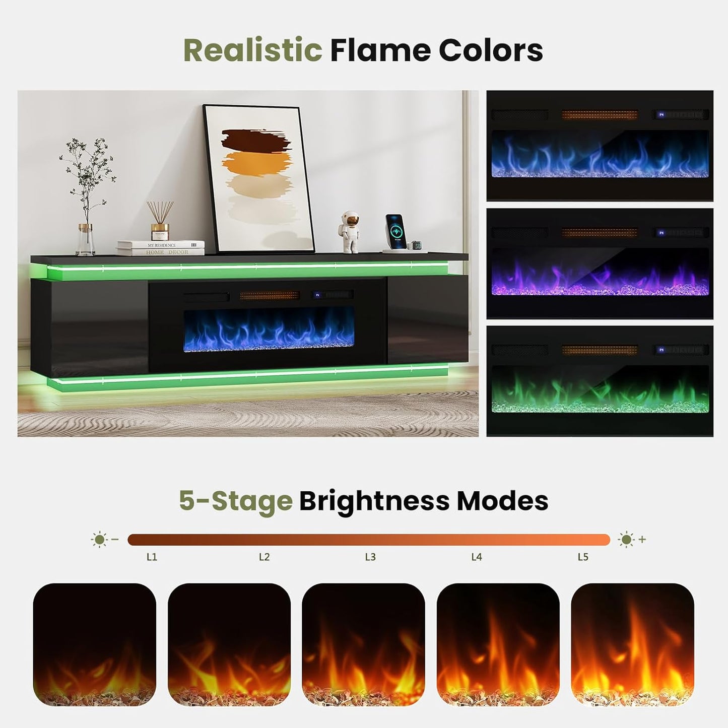 Fireplace Tv-Stand with 40" Fireplace - 2 LED Light Tv-Stand for 85 Inch Tvs - Entertainment Center with 4 AC Power Outlets - 2 Tier TV Consoles Stand for Living Room, Black