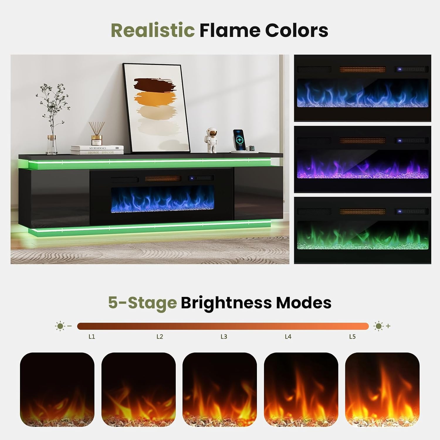 Fireplace Tv-Stand with 40" Fireplace - 2 LED Light Tv-Stand for 85 Inch Tvs - Entertainment Center with 4 AC Power Outlets - 2 Tier TV Consoles Stand for Living Room, Black