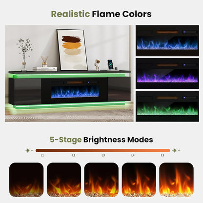 Fireplace Tv-Stand with 40" Fireplace - 2 LED Light Tv-Stand for 85 Inch Tvs - Entertainment Center with 4 AC Power Outlets - 2 Tier TV Consoles Stand for Living Room, Black