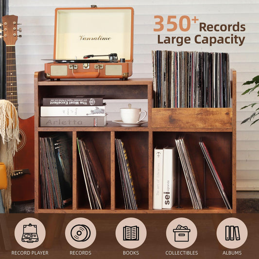 Record Player Stand, Large Record Player Table Cabinet with Open Vinyl Storage and Display Shelf Holds up to 350 Albums, Mid Century Wood Turntable for Living Room, Bedroom (Brown)