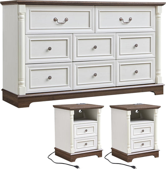 3PC Farmhouse Dresser and Nightstand Sets for Bedroom, Including 8 Drawer Dresser & 2 Drawer Night Stand Set of 2 with Usb,Antique White