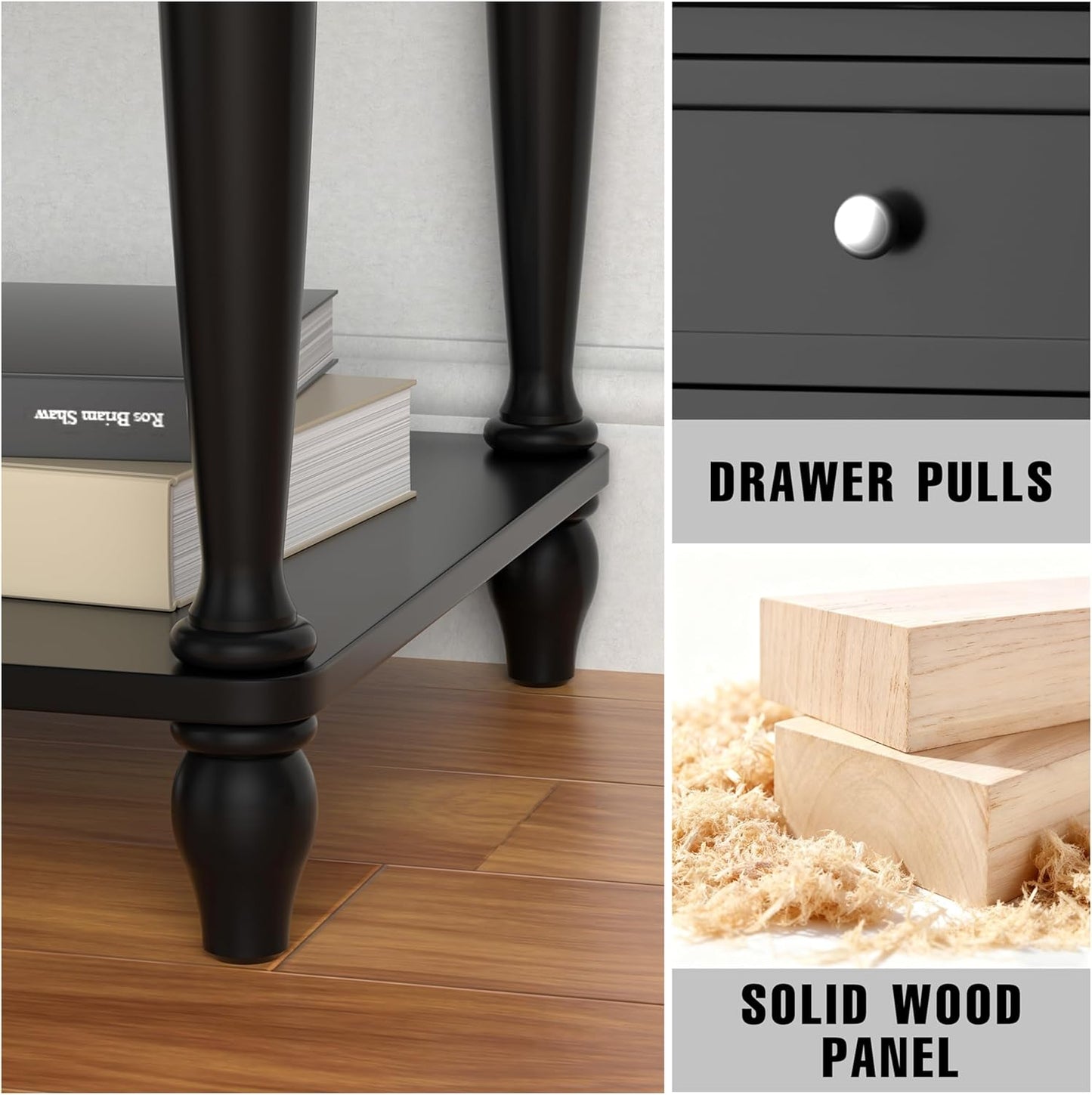 Solid Wood Nightstand with Charging Station, Traditional End Table with Drawers and Open Shelf, Bedside Table with Storage, Modern Side Table for Bedroom Set of 2, Black
