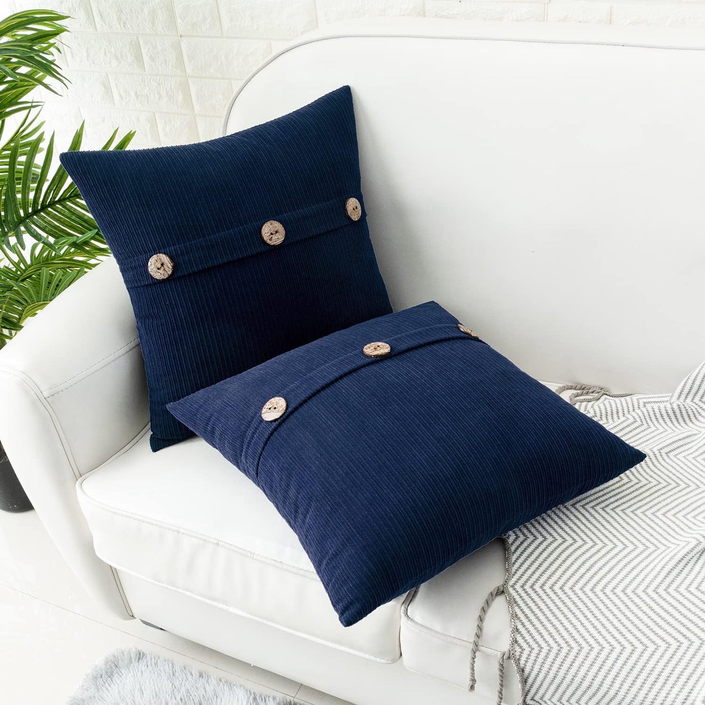 Navy Blue Chenille Throw Pillow Covers 18X18 Inch with Triple Buttons, Soft Farmhouse Accent Decorative Cushion Cases for Couch Sofa Bed Living Room Pack of 2