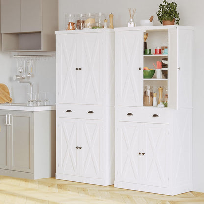 Kitchen Pantry Storage Cabinet 72.6" H, with Barn Doors, Drawer, 4 Adjustable Shelves, Freestanding Cupboard, Laundry, White