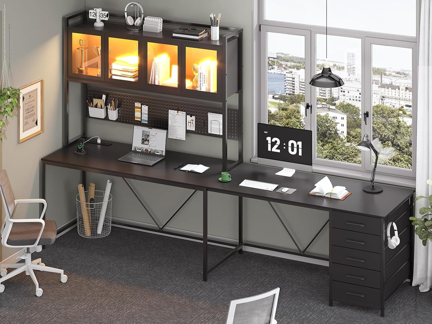 L Shaped Gaming Desk with Drawers, L Shaped Computer Desk with Hutch and Storage Shelves, Gaming Desk with Pegboard, Led Lights, and Power Outlet, Home Office Desk, Corner Desk, Black