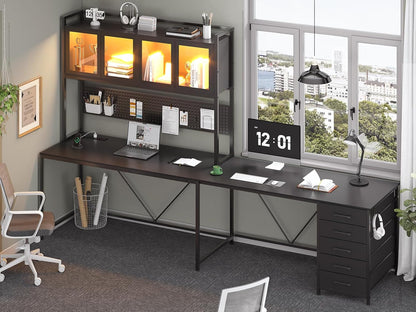 L Shaped Gaming Desk with Drawers, L Shaped Computer Desk with Hutch and Storage Shelves, Gaming Desk with Pegboard, Led Lights, and Power Outlet, Home Office Desk, Corner Desk, Black