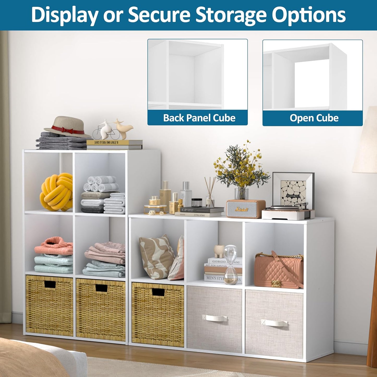 Stackable 6 Cube Storage Organizer: Wood Cubes Shelf Fits Cubby Bins - Square Cubicle Bookshelf Cabinet for Closet Bedroom - Open Storage Shelf for Toy Clothes Book Organization, White