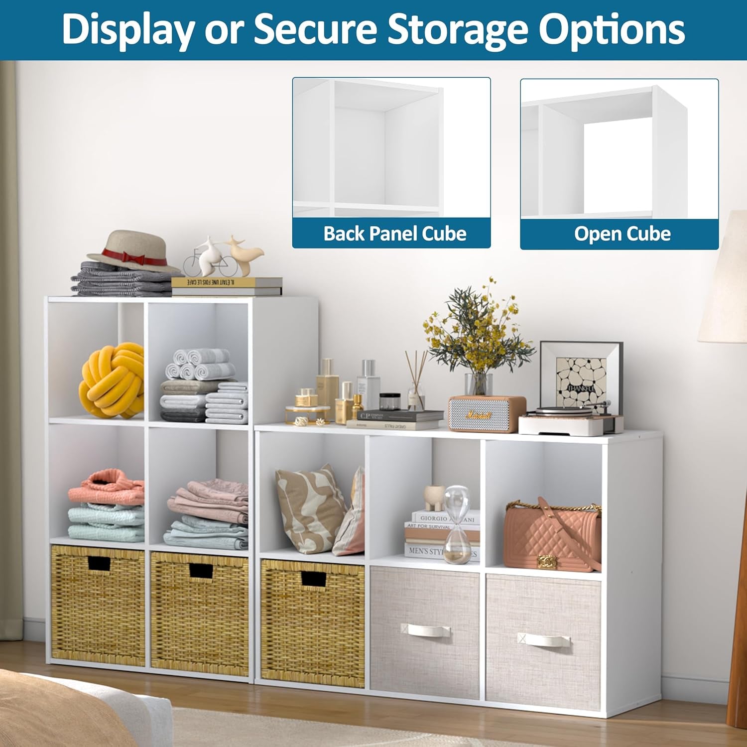 Stackable 6 Cube Storage Organizer: Wood Cubes Shelf Fits Cubby Bins - Square Cubicle Bookshelf Cabinet for Closet Bedroom - Open Storage Shelf for Toy Clothes Book Organization, White