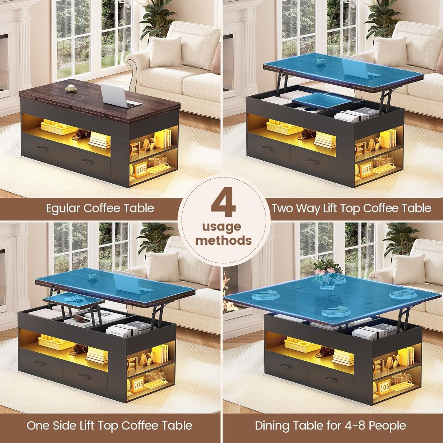 Lift Top Coffee Table, 4 in 1 Coffee Tables with Storage and Hidden Compartment, Farmhouse Coffee Table with 2 Fabric Drawers & LED Light for Living Room, Black