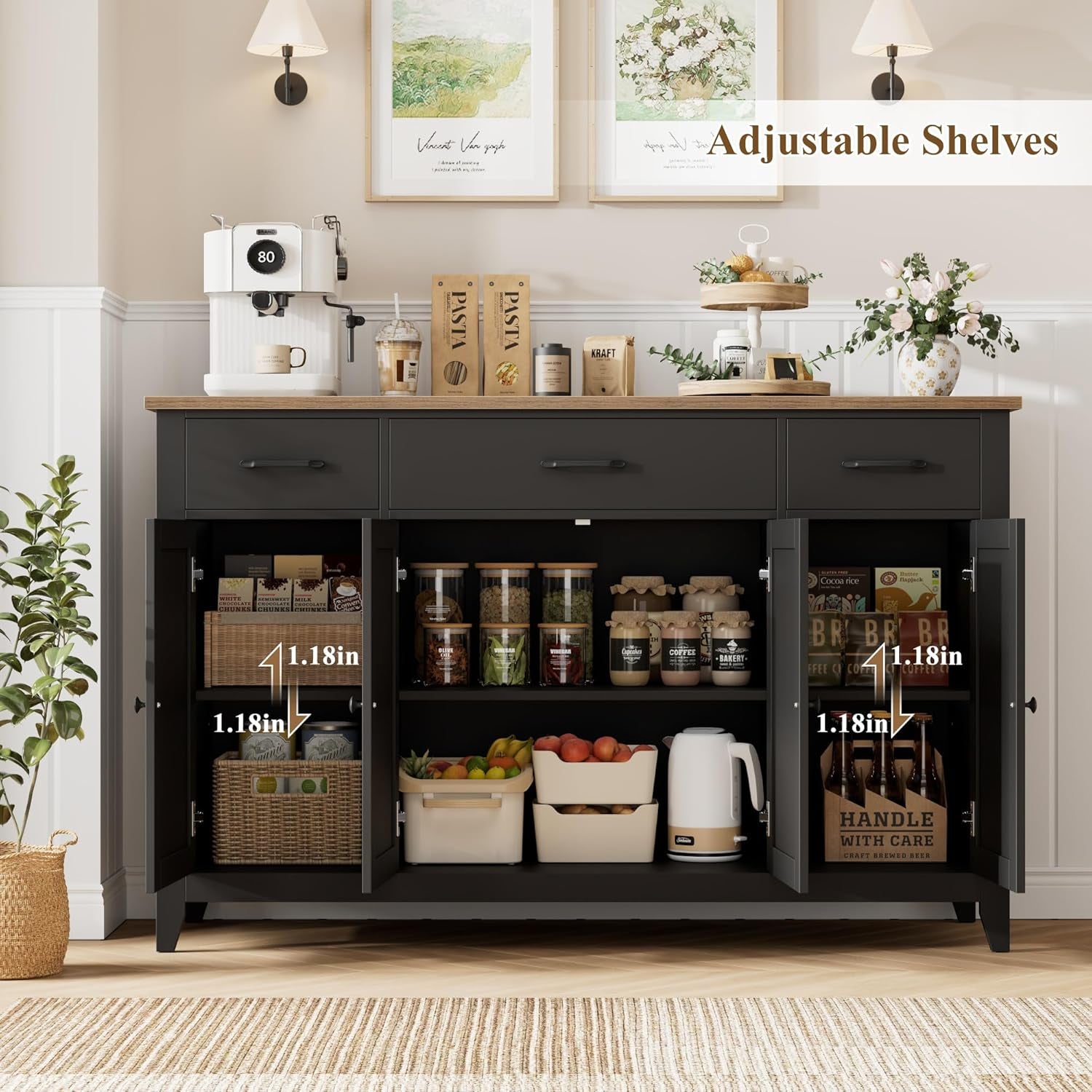 55" Buffet Cabinet, Modern Farmhouse Sideboard Buffet with Drawers, Large Kitchen Storage Cabinet with Adjustable Shelves, Wood Coffee Bar for Kitchen, Dining Room, Living Room, Black
