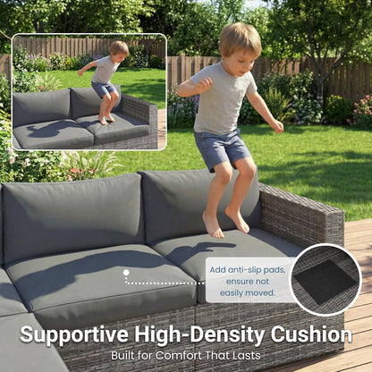 5-Pieces Outdoor Patio Furniture Set, All Weather Wicker Rattan Sectional Sofa, Patio Conversation Set with Cushions & Glass Coffee Table for Backyard Porch Garden Balcony, Grey