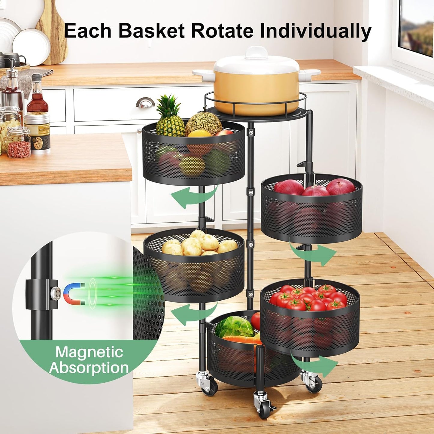 Fruit Vegetable Basket for Kitchen, Rotating Storage Rack, 5 Tier Rolling Cart with Top Lid, Large Metal Wire Wheels, Black