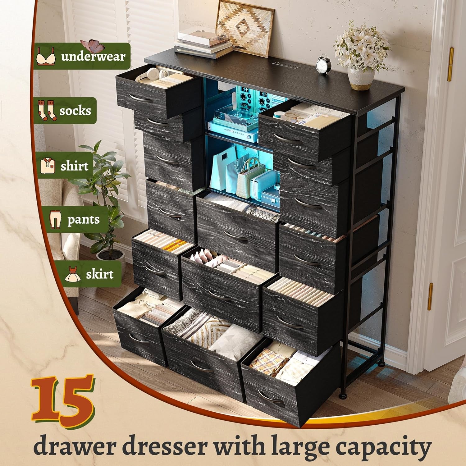 51" H Dresser with 15 Drawers Dresser for Bedroom with Charging Station & LED Lights & Hutch Sturdy Black Bedroom Dressers, Steel Frame, Wood Top, 51.2" H X 39.3" W X 11.8" D