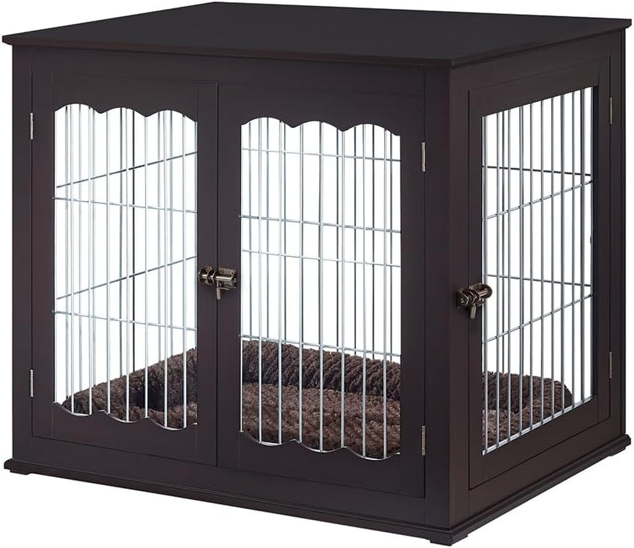 36 Inch Furniture Style Dog Crate End Table with Cushion, Wooden Wire Pet Kennels with Double Doors, Large Dog House Indoor Use