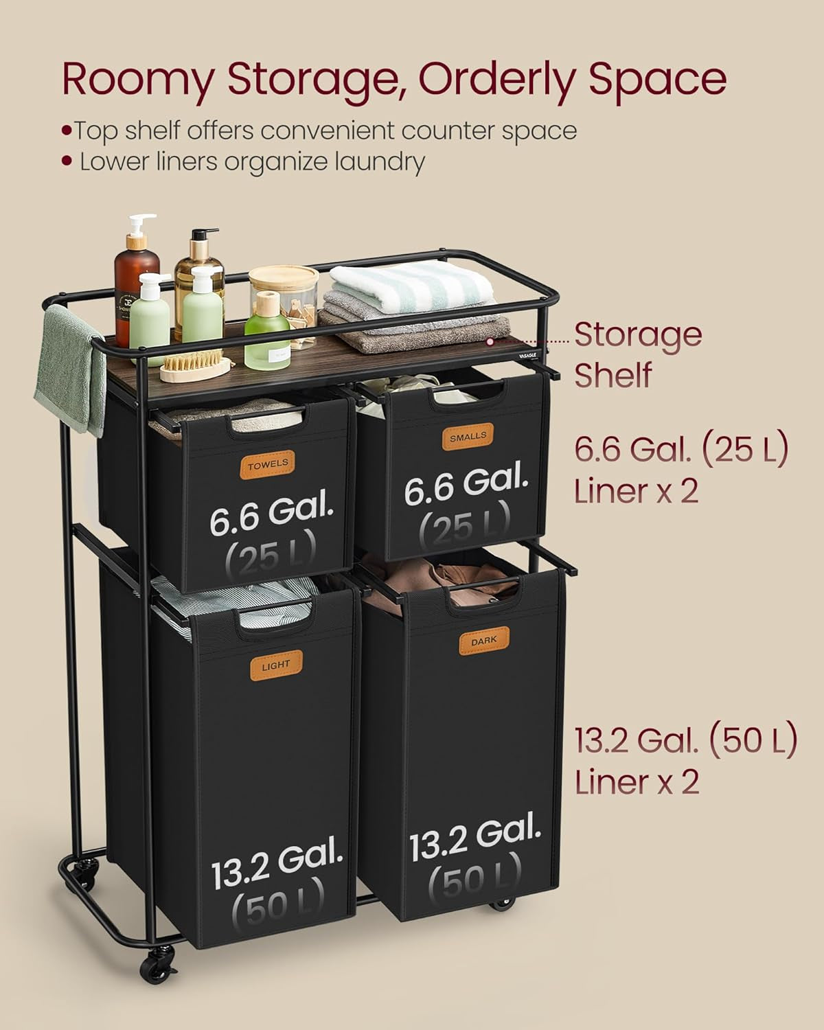 Laundry Sorter, Laundry Hamper with Wheels, 39.6 Gal. (150 L) Portable Rolling Cart Baskets with Shelf, 4 Removable Liners and 6 Labels, Ink Black and Chestnut Brown URLS100B01
