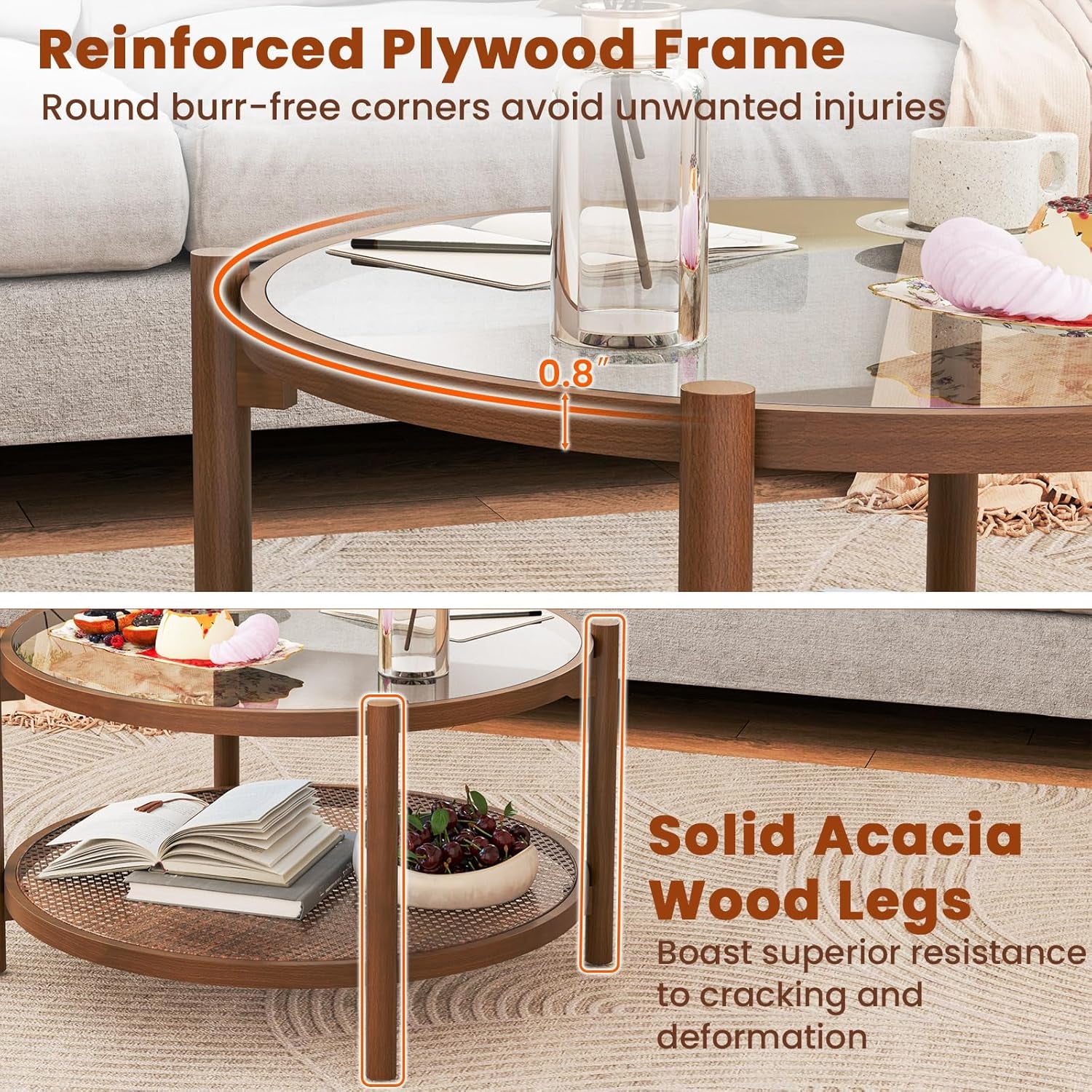 Rattan Coffee Table, Boho round Glass Tea Table with PE Rattan Storage Shelf & Wood Frame, 2 Tier Accent Center Table for Living Room, Apartment, Small Space