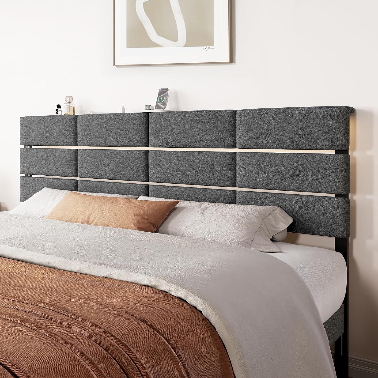 Full/Queen Size Upholstered Headboard, Adjustable Head Boards with LED Light & Charging Station, Bed Headboard Only, Attach Frame, Study & Comfortable, Ideal for Bedroom, Dorm, Guest Room, Dark Grey