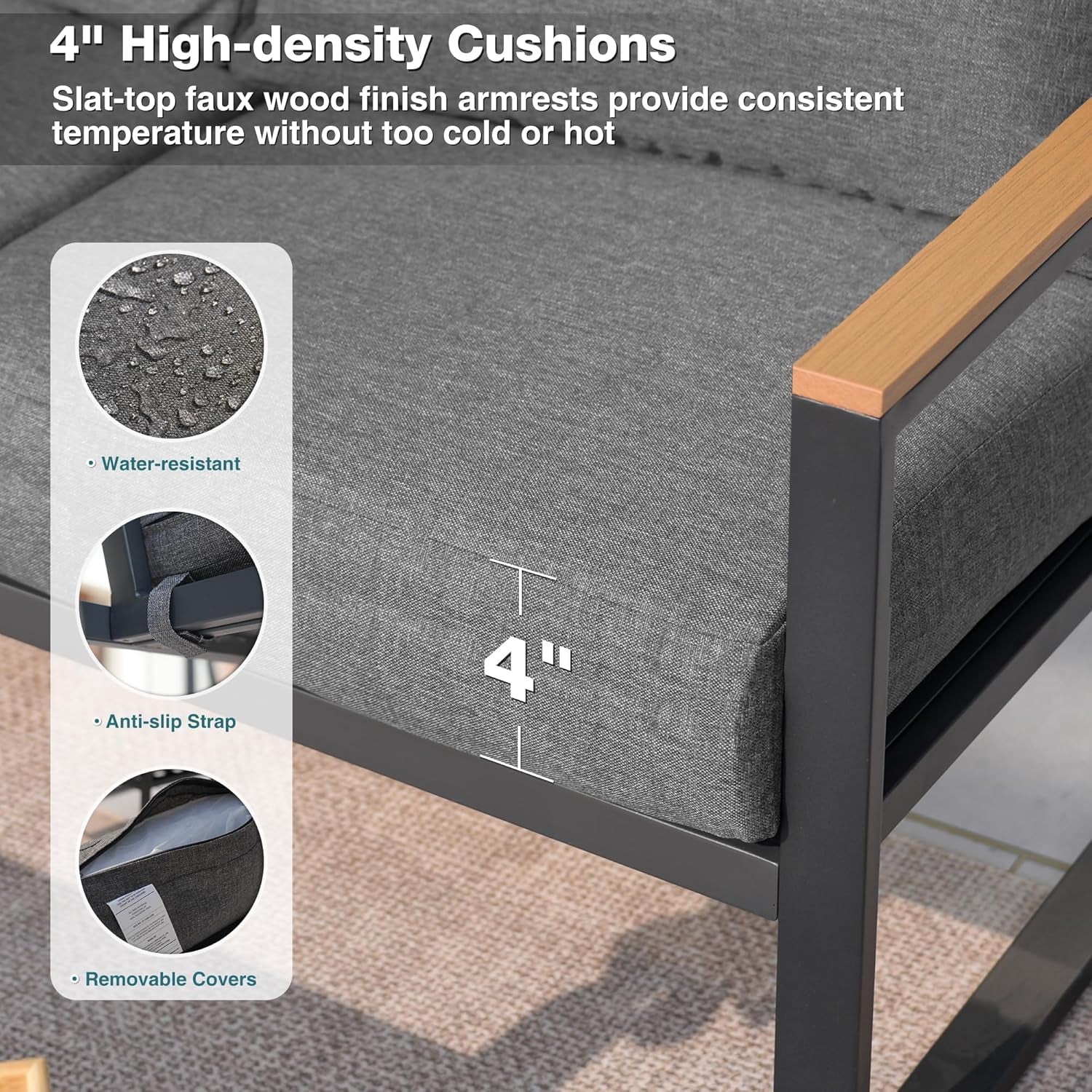 Patio Furniture Set, 4 Pieces Outdoor Patio Furniture with Coffee Table Set, Metal Patio Conversation Sets with Washable and High-Resiliency Sponge Cushions,Upgarded Grey