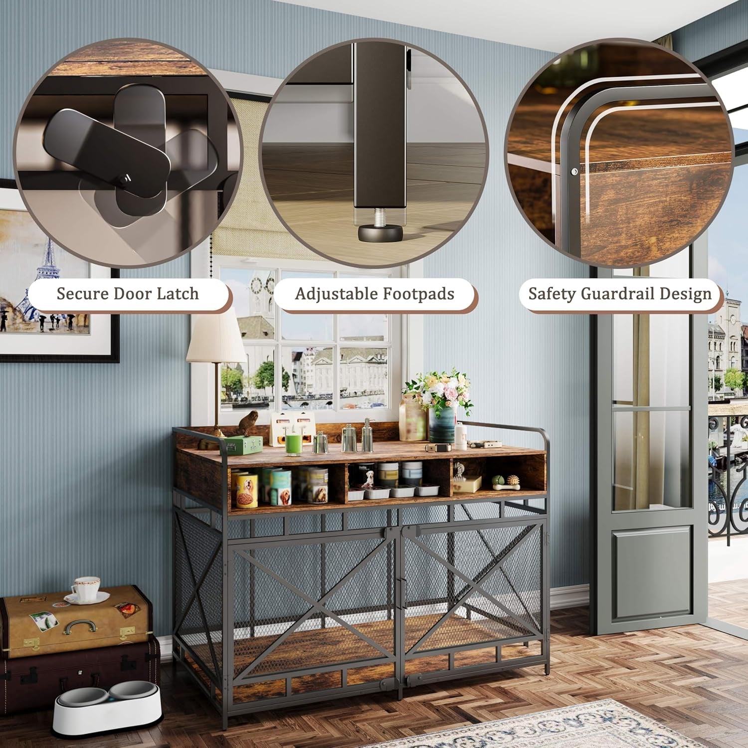 Dog Crate Furniture, 48" Heavy Duty Wooden Dog Crate End Table, XL Dog Kennel Furniture Large Breed, Decorative Dog Kenne Indoor with 3 Drawers & Steel Tubes 48" L X28 W X36 H (Rustic Brown)