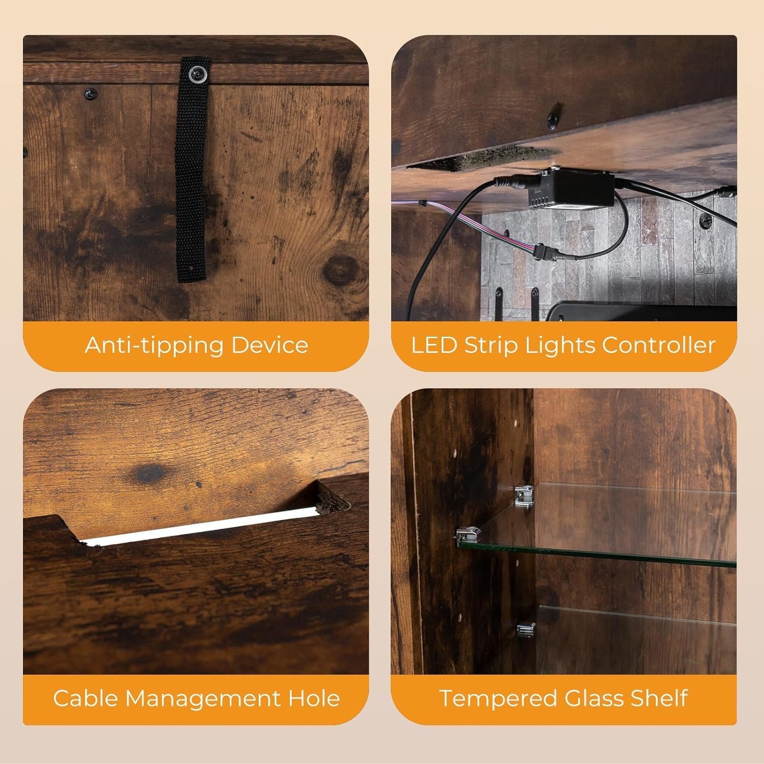 Electric Fireplace TV Stand for Tvs up to 65’’, TV Console with 16-Color LED Light, Adjustable Glass Shelves, 19’’ Fireplace Insert with Remote & APP Control, Entertainment Center (Brown)