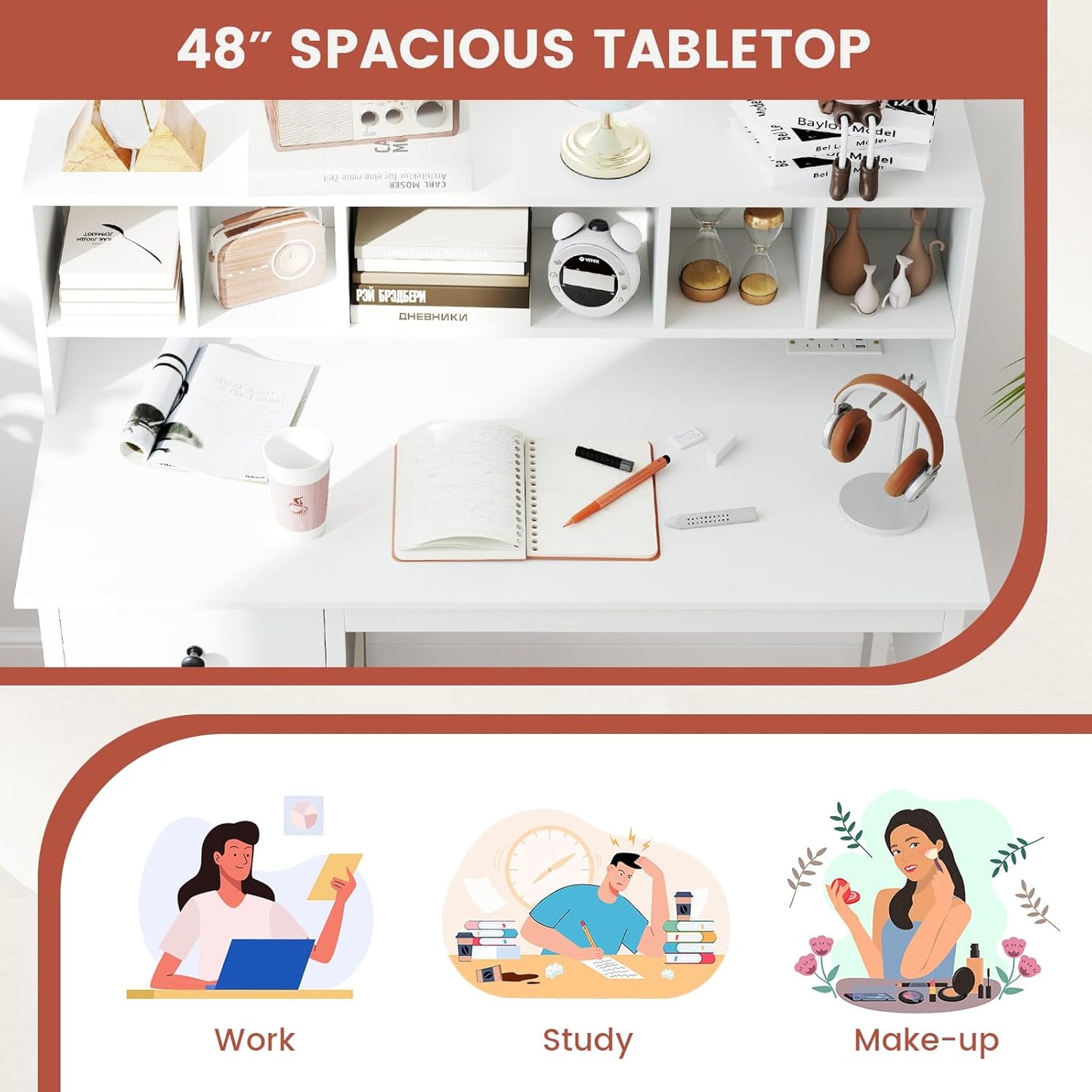 White Desk with Drawers & Hutch, Modern Home Office Desk Writing Study Desk with Charging Station, Laptop Desk with 5 Storage Compartments, Computer Workstation Makeup Vanity Desk