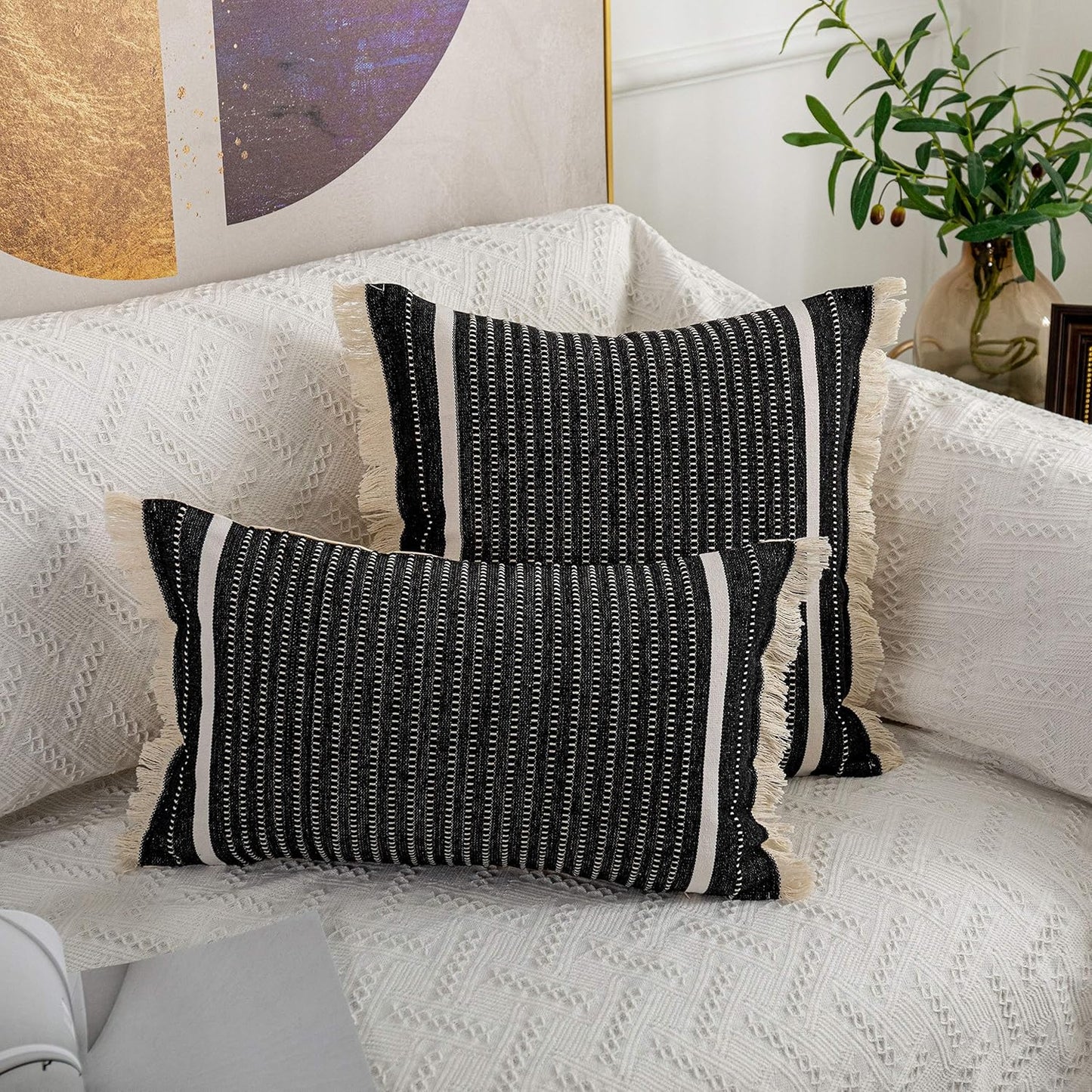 Modern Throw Pillow Cover with Tassels, Decorative Liana Fringe Accent Cushion Case, Farmhouse Woven Pillowcase for Sofa Chair Couch Bed Decor (Lumbar 12 X 20 Inches, Black)