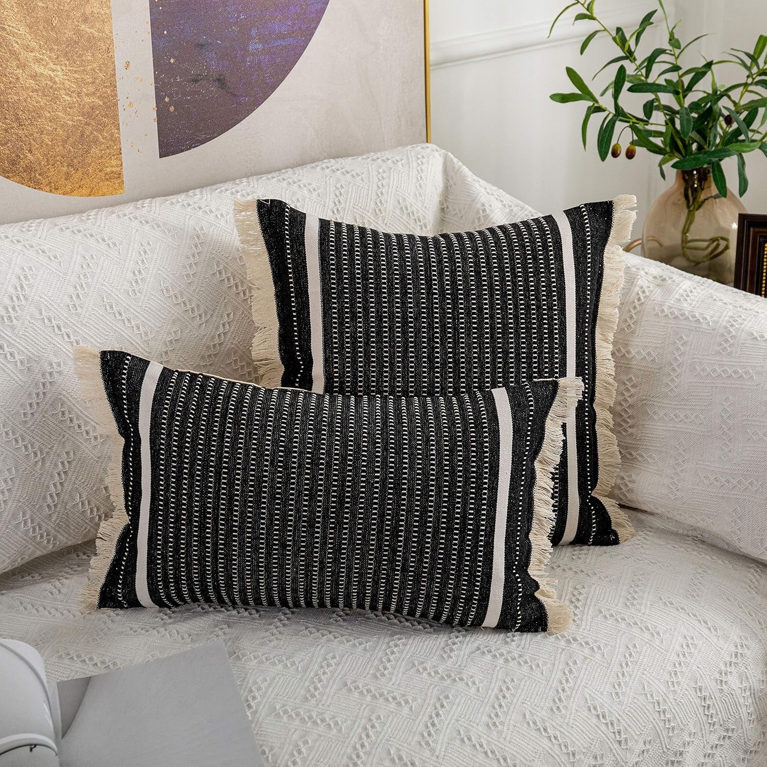 Modern Throw Pillow Cover with Tassels, Decorative Liana Fringe Accent Cushion Case, Farmhouse Woven Pillowcase for Sofa Chair Couch Bed Decor (Lumbar 12 X 20 Inches, Black)