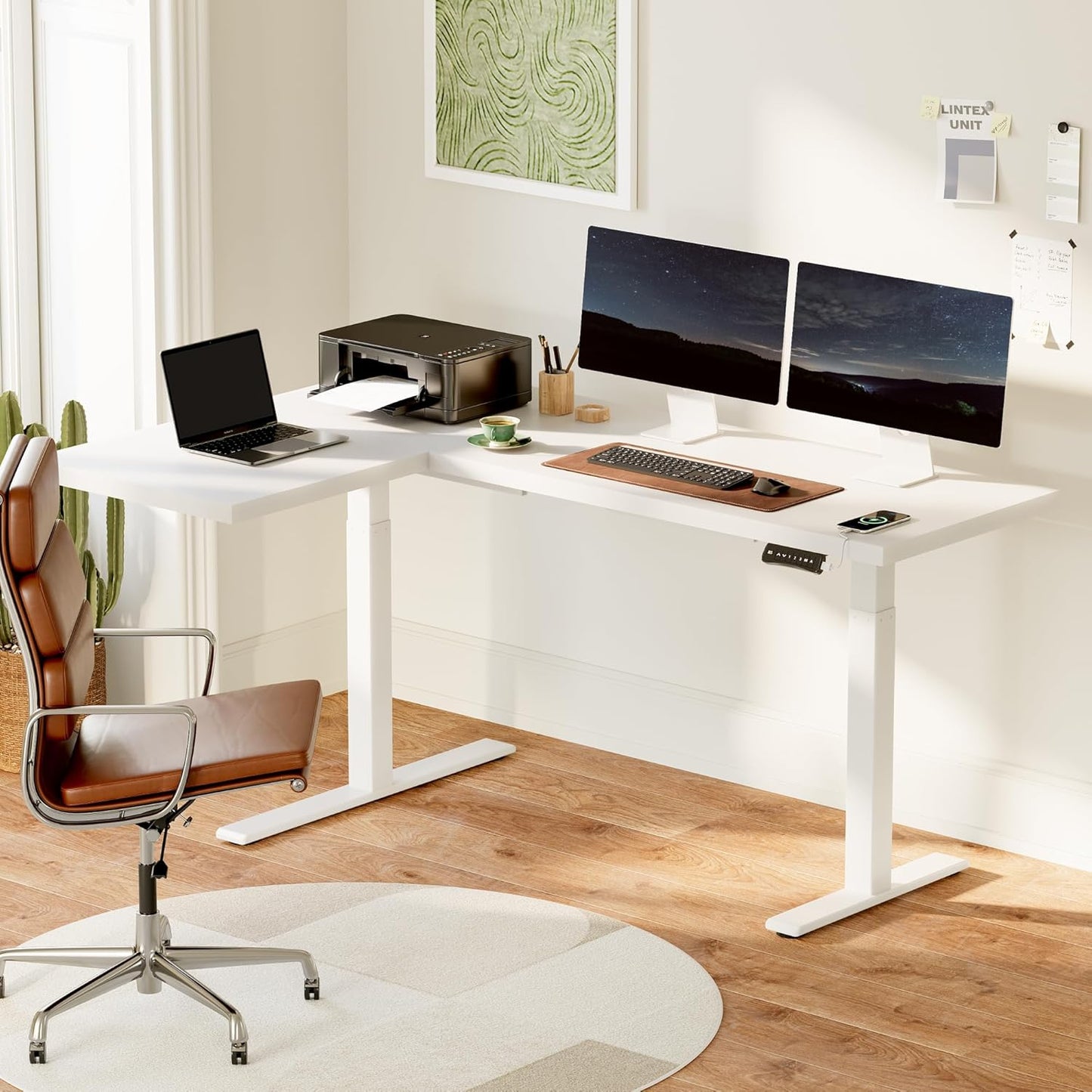 71-Inch Large Dual Motor L-Shaped Electric Height Adjustable Standing Desk - Reversible Panel - White Top/White Frame - Ideal for Gaming, Home Office or Computer Workstation