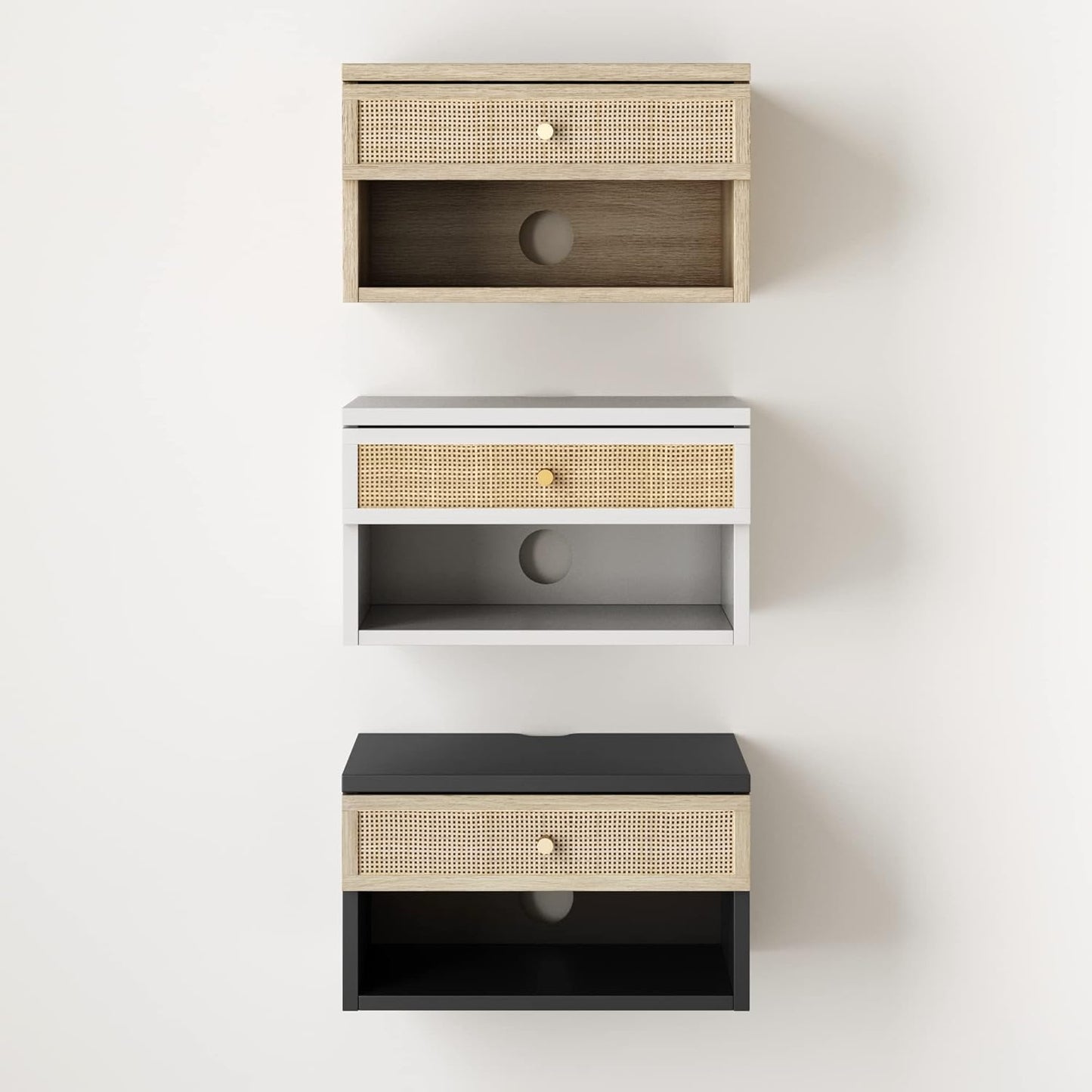 Jackson Wall Mounted Rattan Floating Bedroom Nightstand with Storage Drawer and Modern Open Shelf Cubby, Black/Rattan