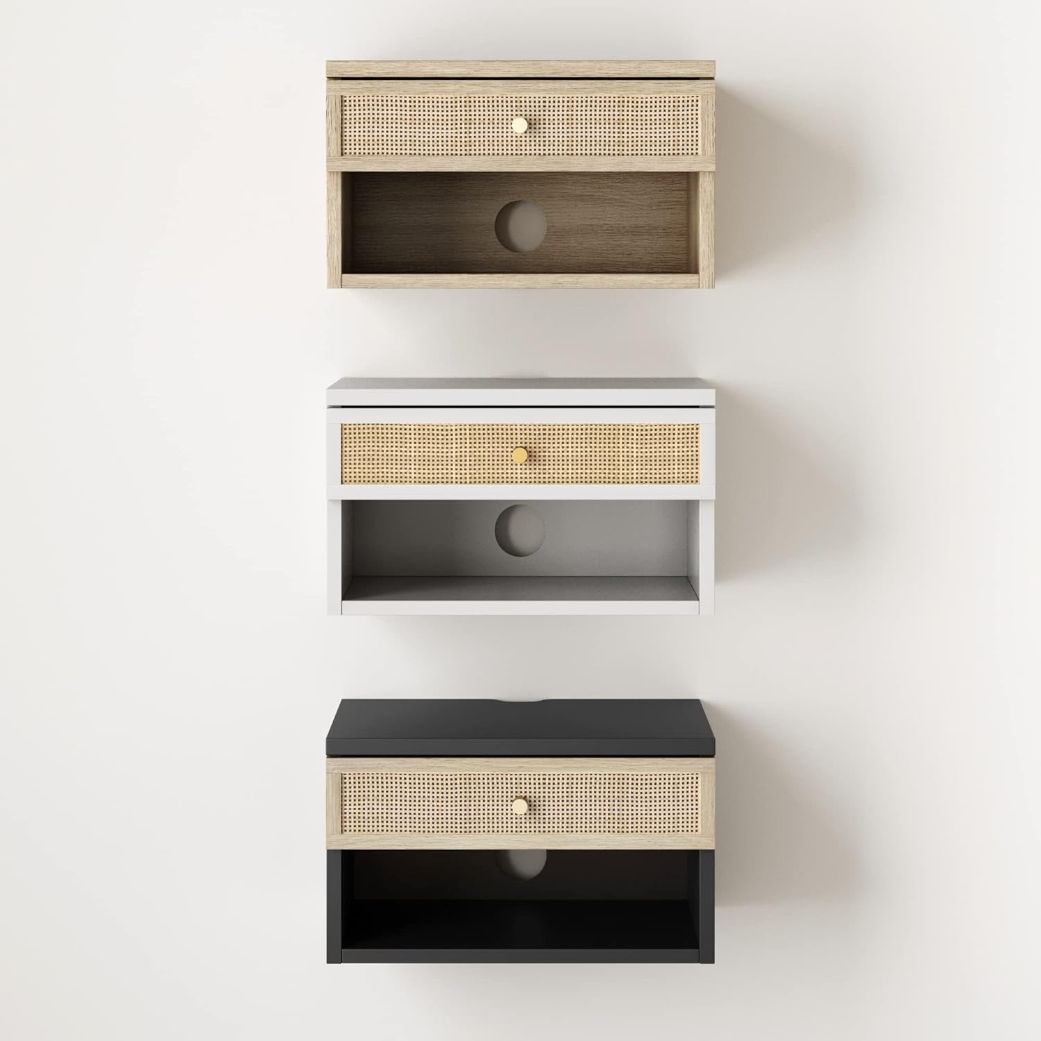 Jackson Wall Mounted Rattan Floating Bedroom Nightstand with Storage Drawer and Modern Open Shelf Cubby, Black/Rattan
