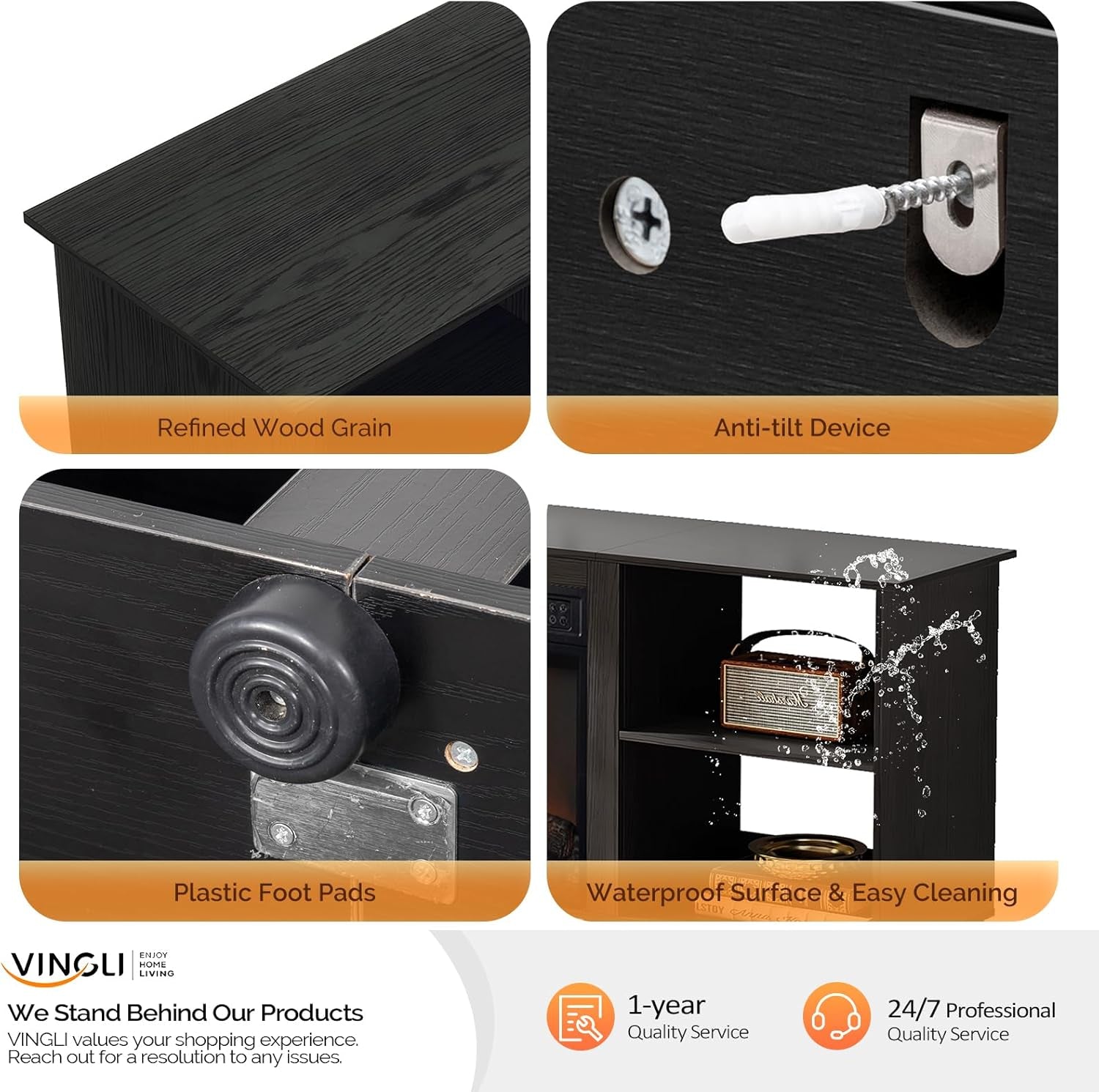 Fireplace TV Stand for up to 70 Inch Tvs, Modern Entertainment Center with Electric Fireplace Heater & Two Open Adjustable Shelves, Fireplace Media Console Table for Living Room, Black