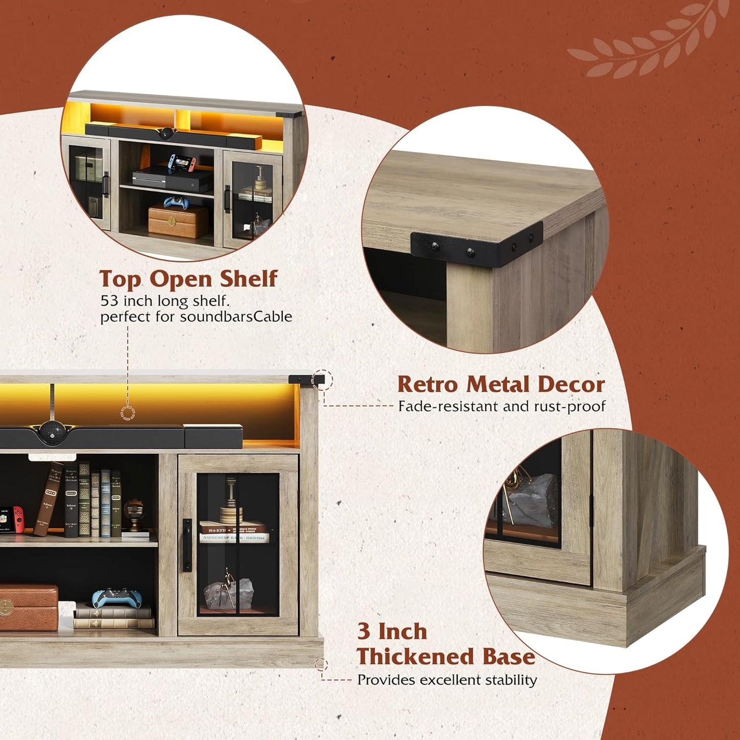 Farmhouse TV Stand for 65 Inch TV, Tall Entertainment Center with LED Lights & Storage Cabinets, TV Media Console Table with Adjustable Shelf for Living Room, Bedroom, Home Theater, Gray Oak