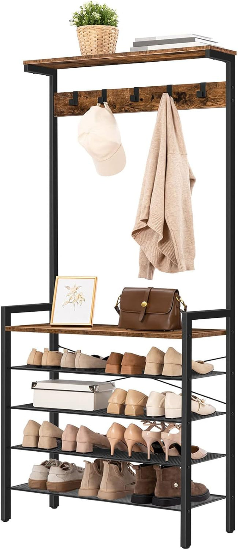 Hall Tree with Bench, Coat Rack with Shoe Storage, Shoe and Coat Rack, 5-Tier Entryway Shoe Storage, 5 Hooks, for 12-16 Pairs, Industrial, Hallway, Foyer, Mudroom, Rustic Brown BF74MT01