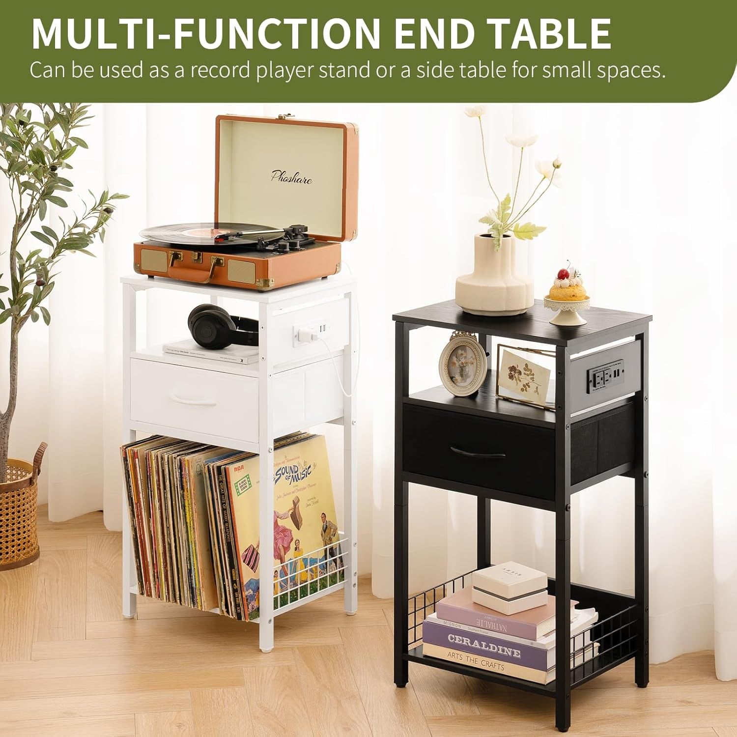 Record Player Stand with Storage - End Table with Charging Station & LED Lights, Vinyl Record Storage Holds up to 100 Albums, Nightstand with Drawer for Living Room Bedroom, Black