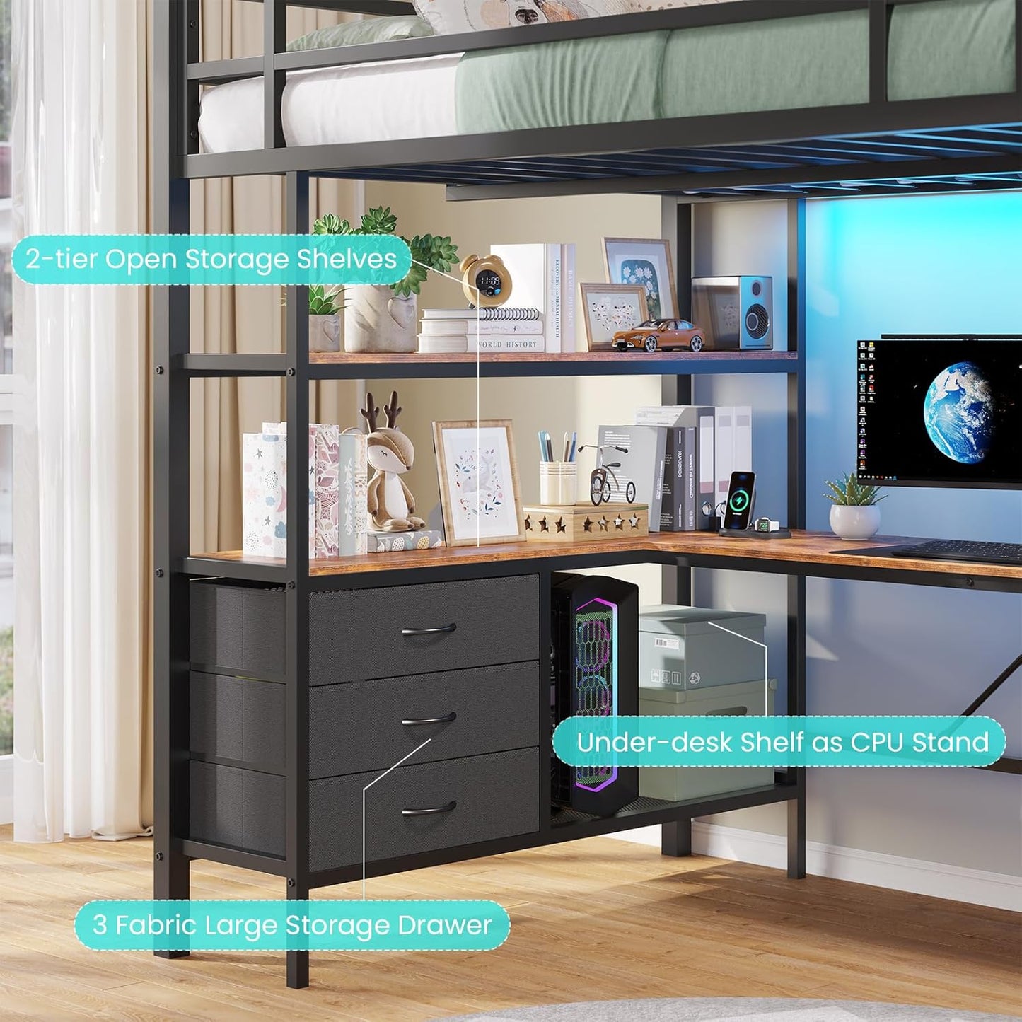 Loft Bed Full Size with L-Shaped Desk and Charging Station Metal Full Size Loft Bed with LED Lights,Storage Shelves and 3 Storage Drawers,Loft Beds for Teen/Adult with Safety Guard&Stairs,Black