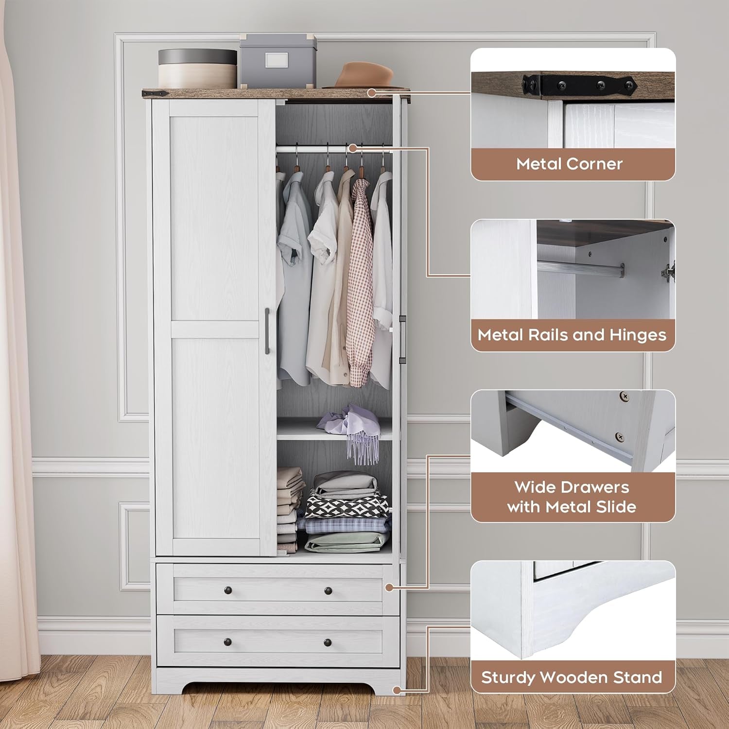 Armoire Wardrobe Closet with 2 Modern Doors, 71" Tall Freestanding Closet Wardrobe Cabinet with Drawers and Hanging Rail, Light Wooden Storage Cabinet with Shelve for Bedroom (White, 2 Doors)