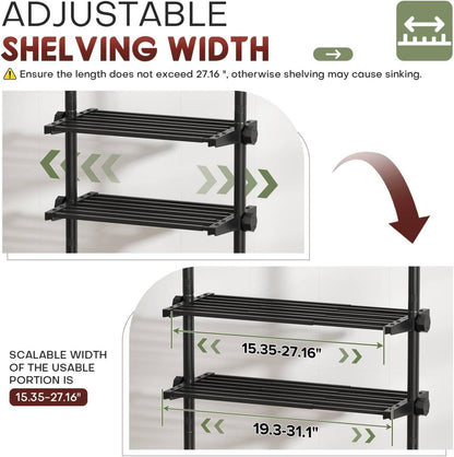 over the Toilet Storage Shelf, 4 Tier Bathroom Organizer Shelves with 64-124Inch(H) 15-27Inch(W) Adjustable No Drilling Tension Mounting, Black Space Saver Bathroom Shelf Rack above Toilet
