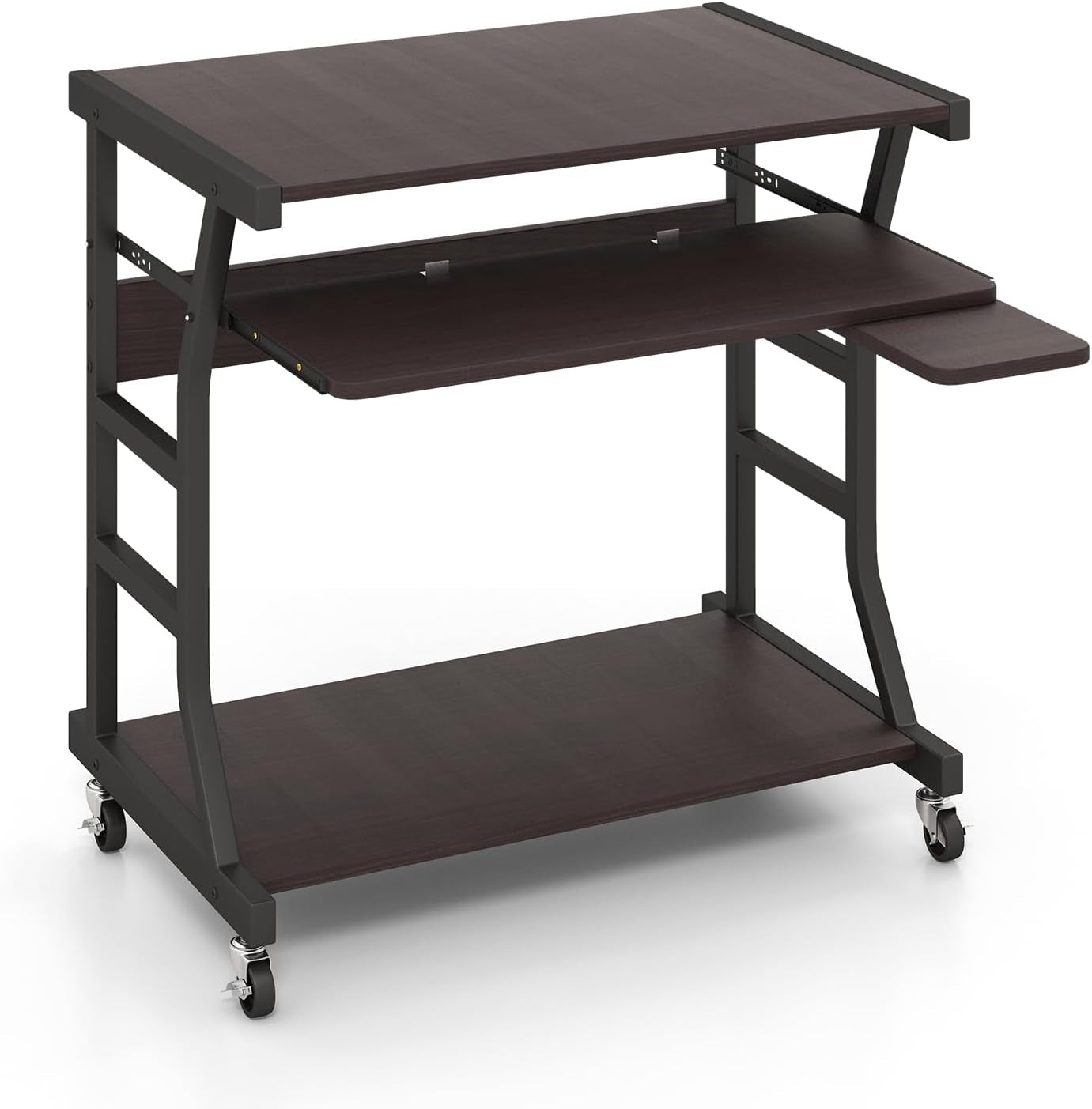 Mobile Computer Desk with Keyboard Tray, Portable Small Rolling Desk with Mouse Tray & Bottom Storage Shelf, Rolling Laptop PC Desk Cart with Lockable Wheels for Small Space (Brown)