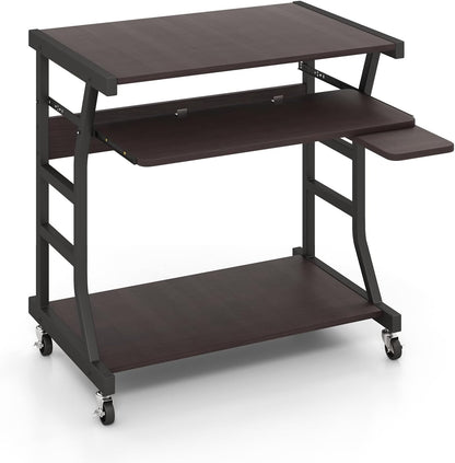 Mobile Computer Desk with Keyboard Tray, Portable Small Rolling Desk with Mouse Tray & Bottom Storage Shelf, Rolling Laptop PC Desk Cart with Lockable Wheels for Small Space (Brown)