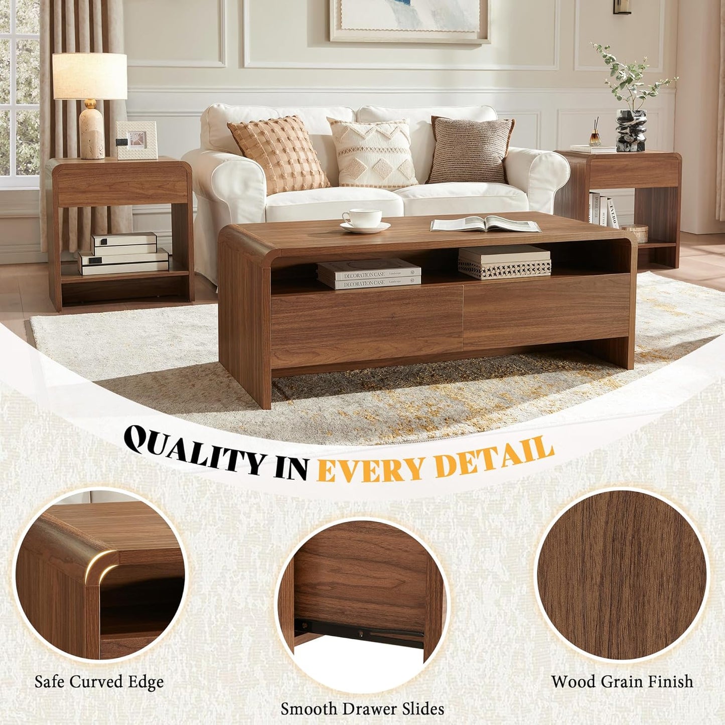 3-Piece Living Room Table Set, Includes Coffee Table & 2 End Tables, Modern Coffee Table Sets with Large Storage Drawers & Smooth Rounded Edges, Brown