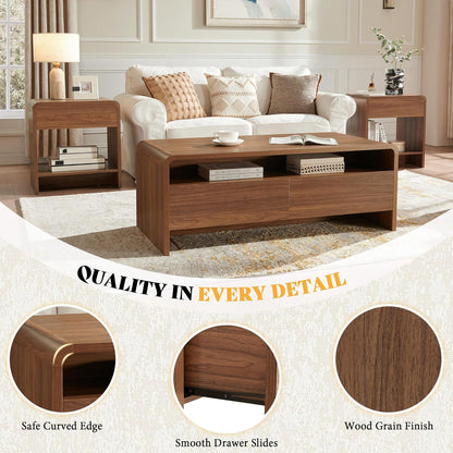 3-Piece Living Room Table Set, Includes Coffee Table & 2 End Tables, Modern Coffee Table Sets with Large Storage Drawers & Smooth Rounded Edges, Brown