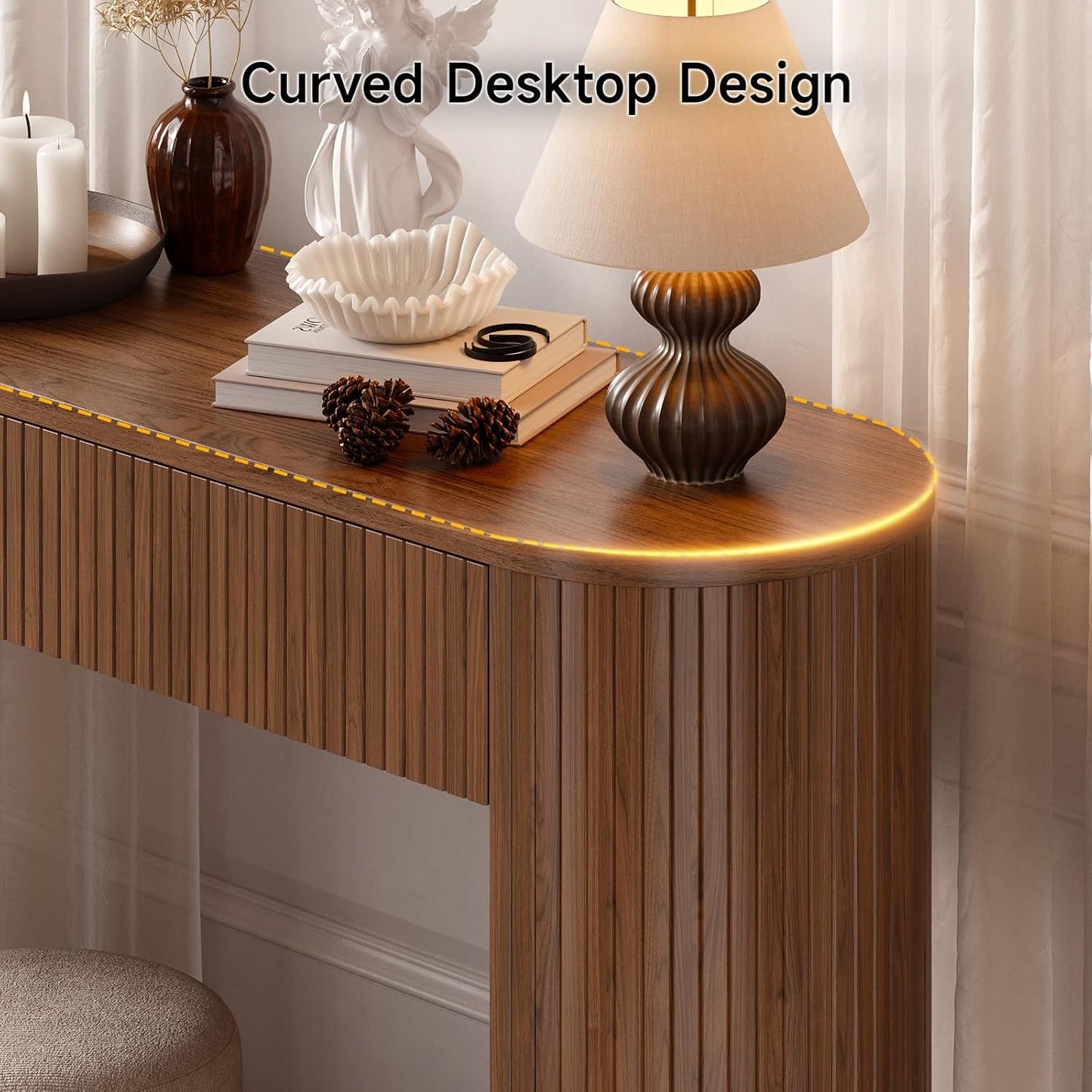 55 Inch Console Table with 2 Drawers, Fluted Entryway Tables with Storage, Sofa Table behind the Couch, Hallway Tables, Mid-Century Modern Foyer Table for Entryway, Hallway, Living Room, Walnut