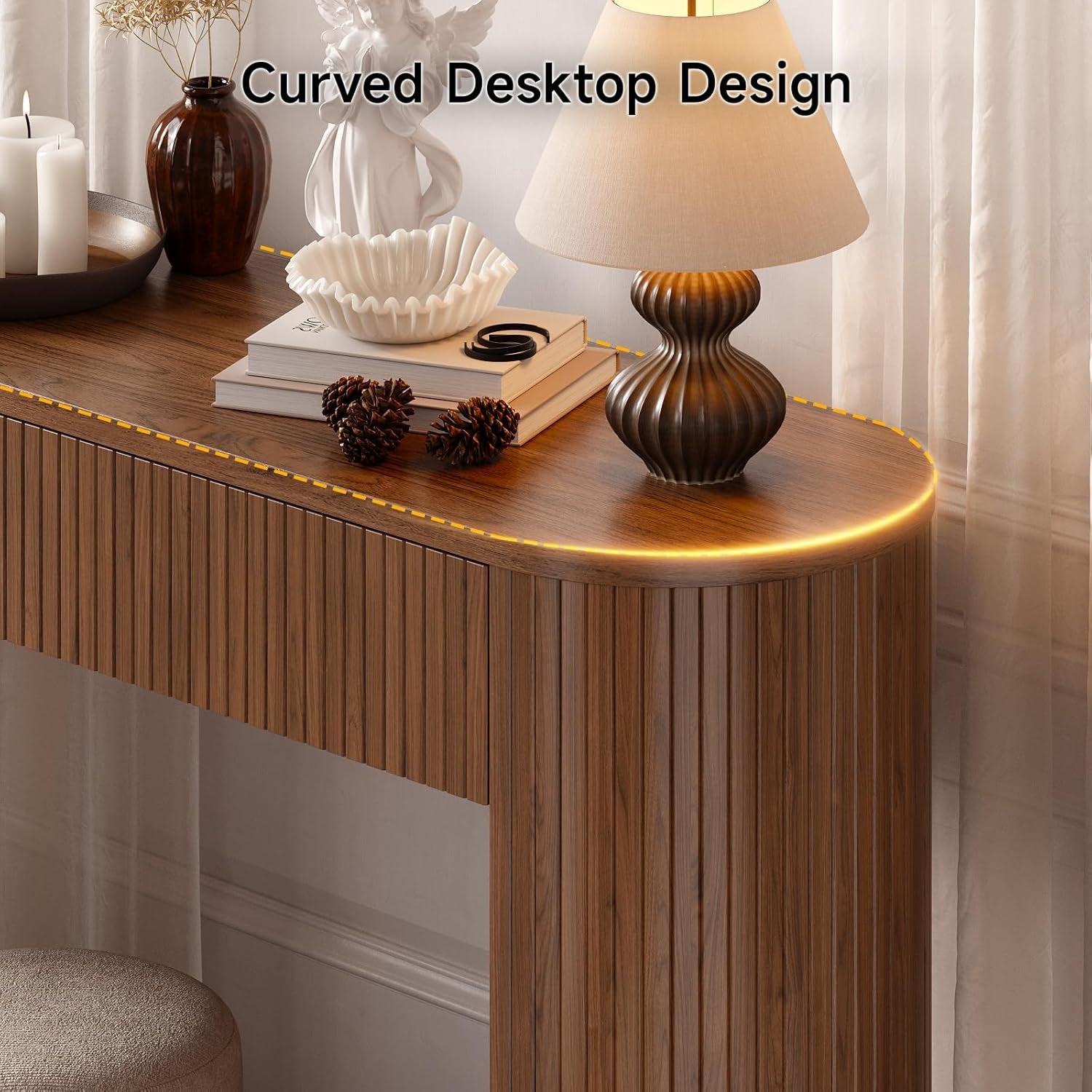 55 Inch Console Table with 2 Drawers, Fluted Entryway Tables with Storage, Sofa Table behind the Couch, Hallway Tables, Mid-Century Modern Foyer Table for Entryway, Hallway, Living Room, Walnut