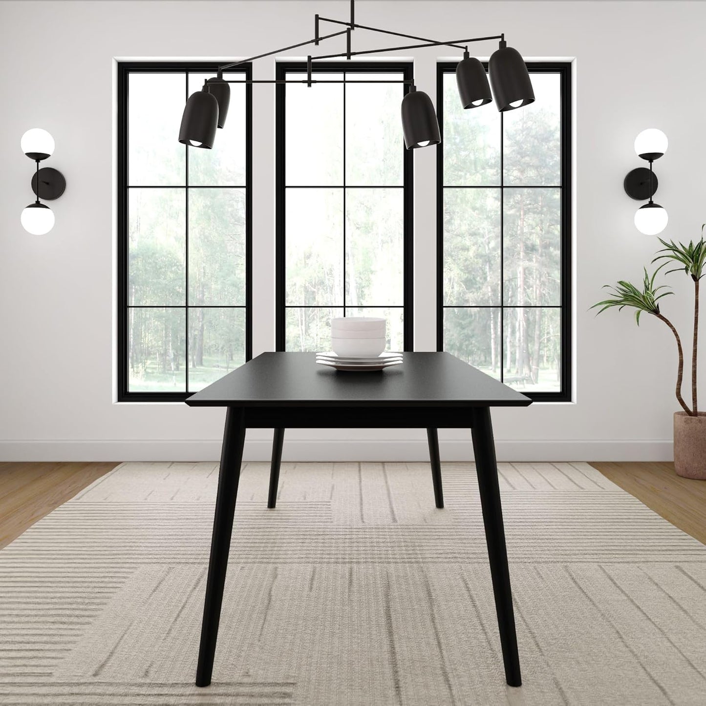 72 Inch Mid Century Modern Dining Table, Solid Wood Kitchen & Dining Room Table for 6, Minimalist Table for Dining Room, Rectangular Dinette Table, Black