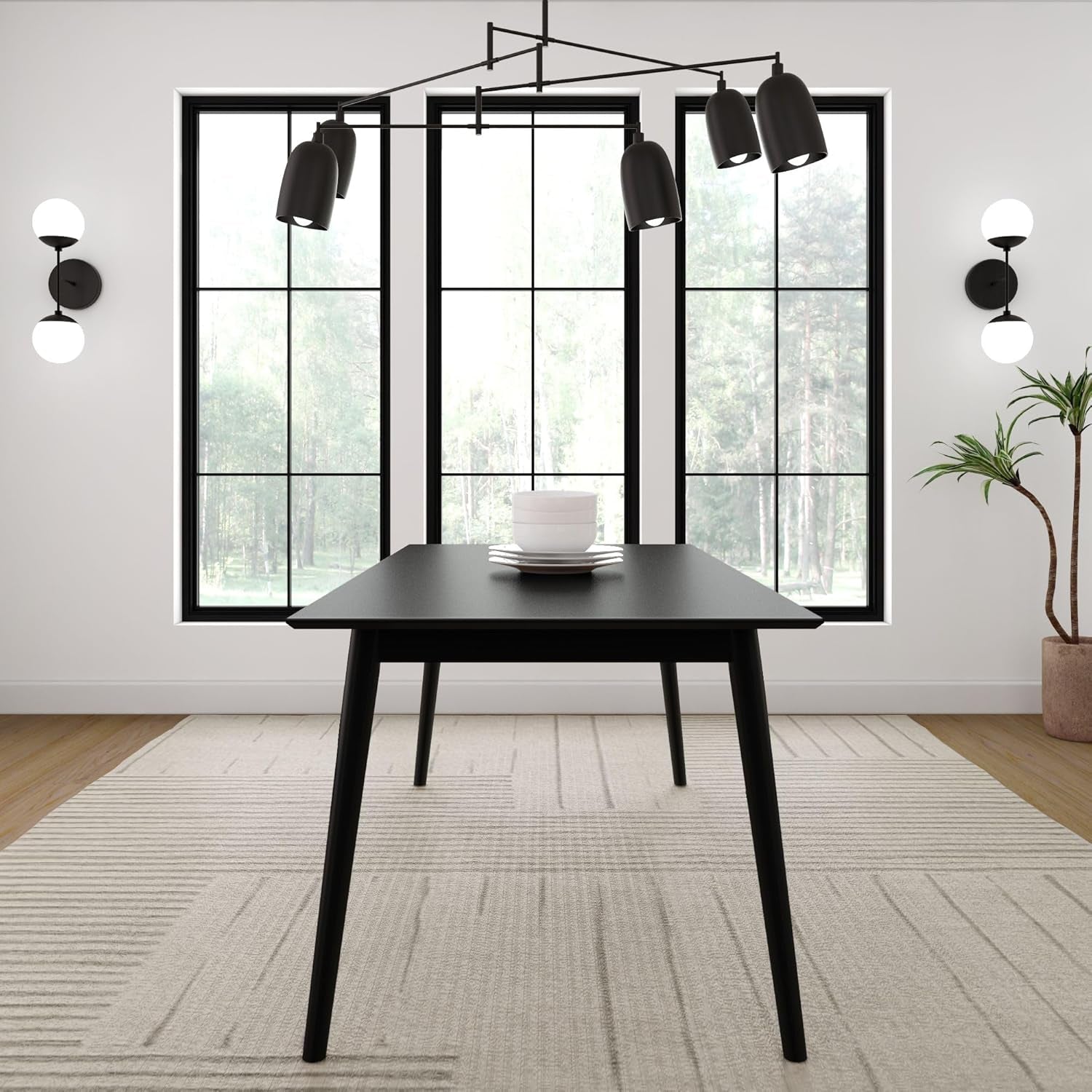 72 Inch Mid Century Modern Dining Table, Solid Wood Kitchen & Dining Room Table for 6, Minimalist Table for Dining Room, Rectangular Dinette Table, Black