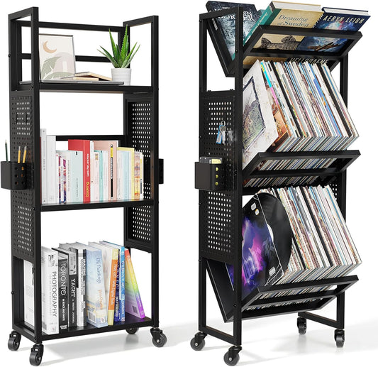 Rolling Book Cart with Wheels, 3-Tier Portable Bookshelf, Vinyl Record Storage Cart for Albums & Record Player Stand, Storage Organizer with Side Hooks & Bins for Classroom, Office, Books & Magazines