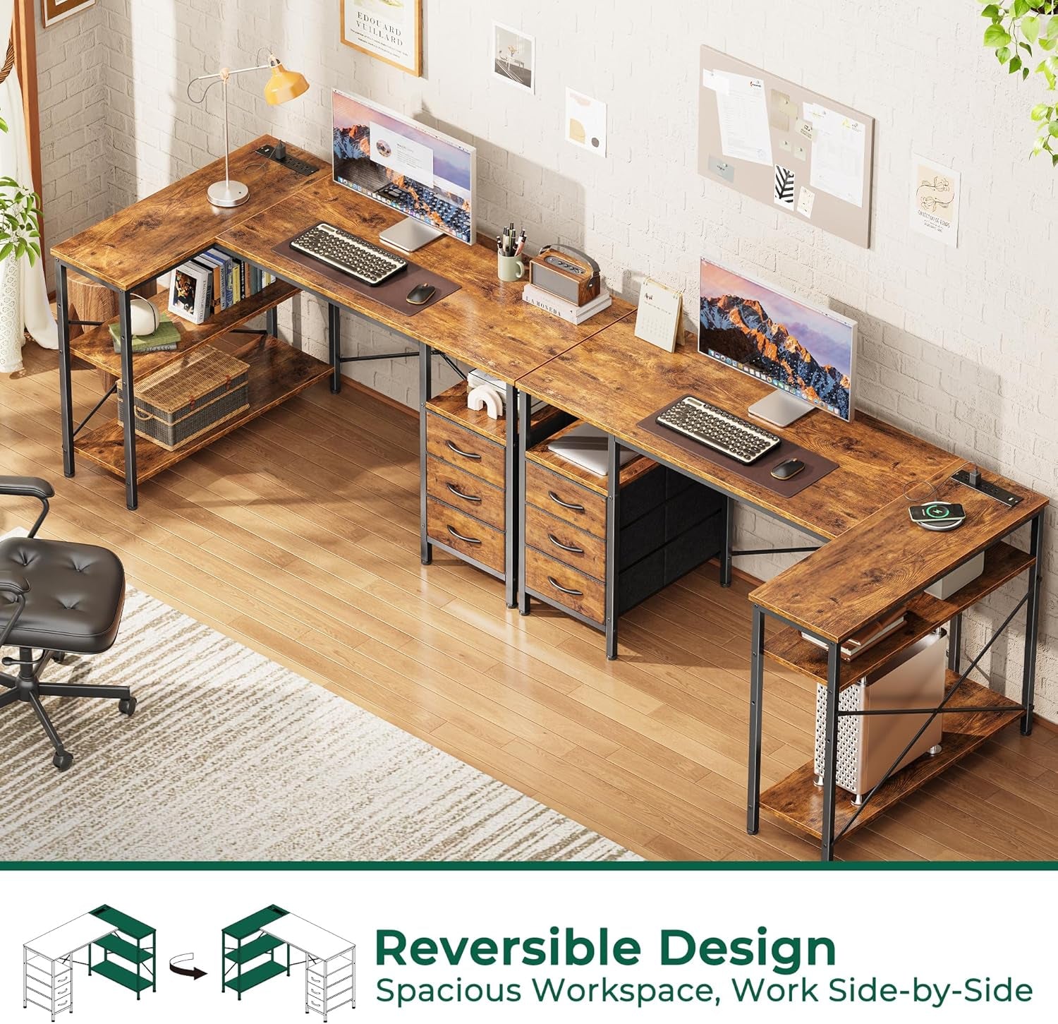 L Shaped Office Desk with Power Outlets, 47 Inch Computer Desk with 3 Drawers, Shelves, for Gaming, Corner Work, Home Office, Study, Rustic Brown