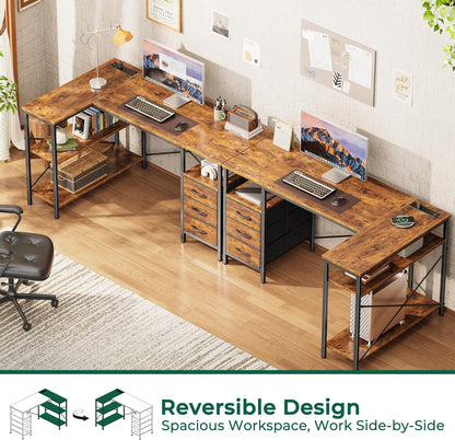 L Shaped Office Desk with Power Outlets, 47 Inch Computer Desk with 3 Drawers, Shelves, for Gaming, Corner Work, Home Office, Study, Rustic Brown