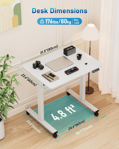 Small Height Adjustable Electric Standing Desk, 31.5" X 23.6" Sit Stand up Desk with Splice Board, Ergonomic Rising Computer Home Office Desk Table with Memory Preset, White Frame/White Top