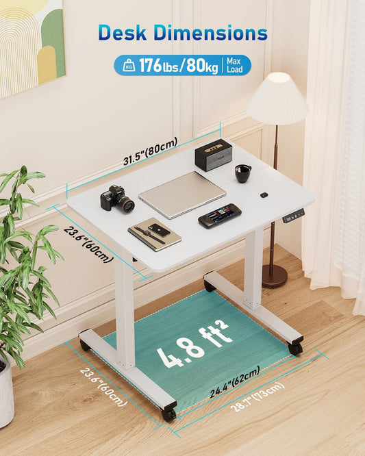 Small Height Adjustable Electric Standing Desk, 31.5" X 23.6" Sit Stand up Desk with Splice Board, Ergonomic Rising Computer Home Office Desk Table with Memory Preset, White Frame/White Top
